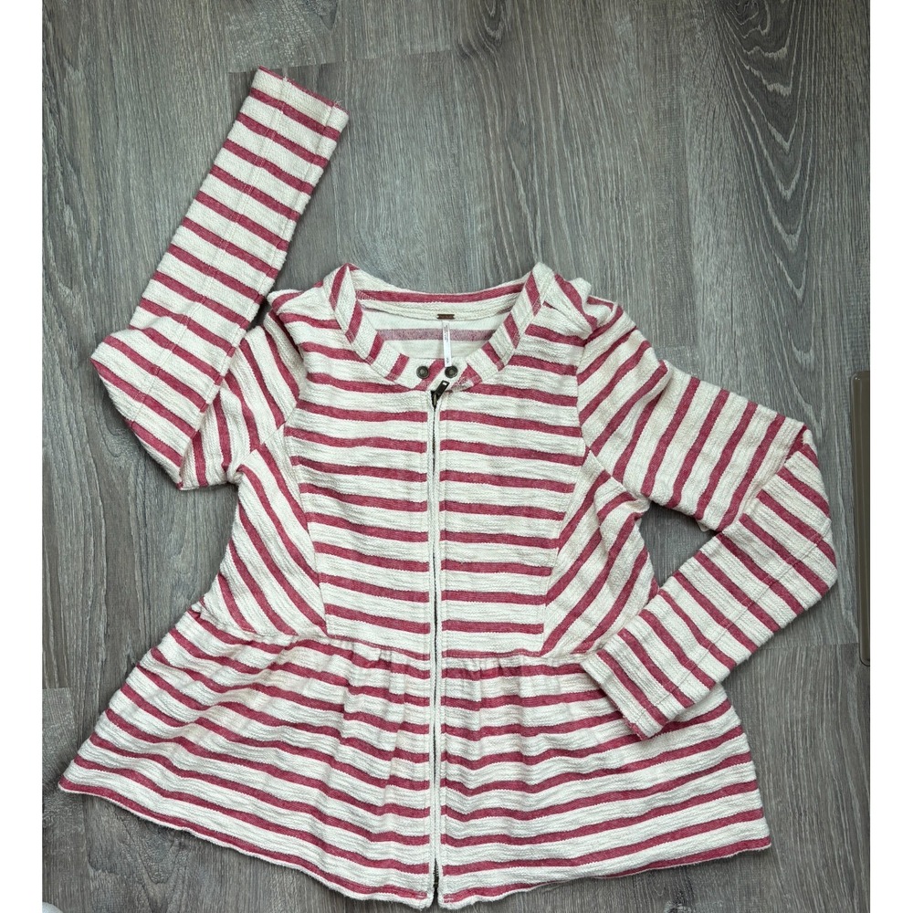 Free People Striped Peplum Jacket Full Zip Knit Cardigan Red Ivory Small‎ New